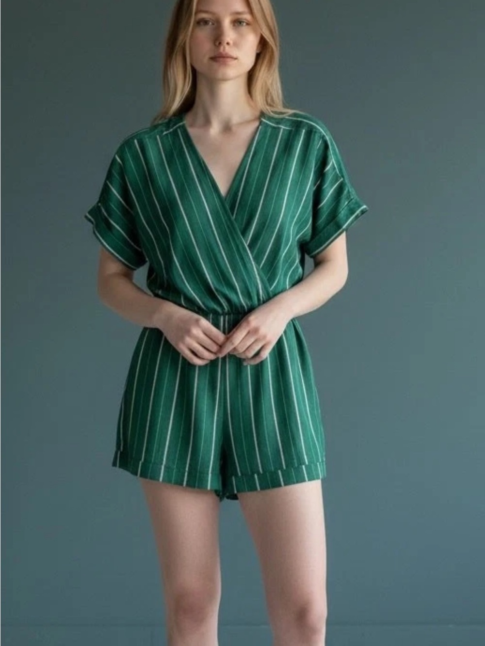 Maje | Ipandoni Green Striped Short Sleeve V Neck Romper $340 Women's 36 ? Small